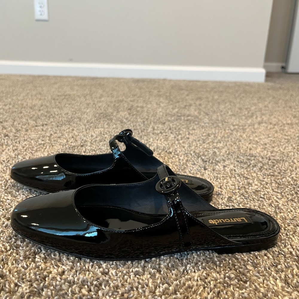 Larroude Blair Flat Mule, Black Patent, Size 7.5